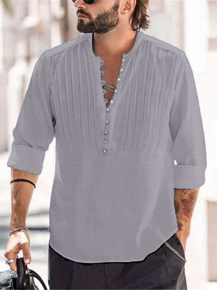 Cotton and Linen Pleated Slim Fit Long Sleeve Shirt 32