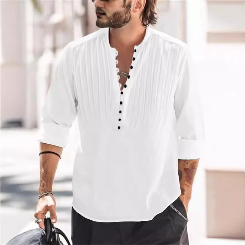 Cotton and Linen Pleated Slim Fit Long Sleeve Shirt 32