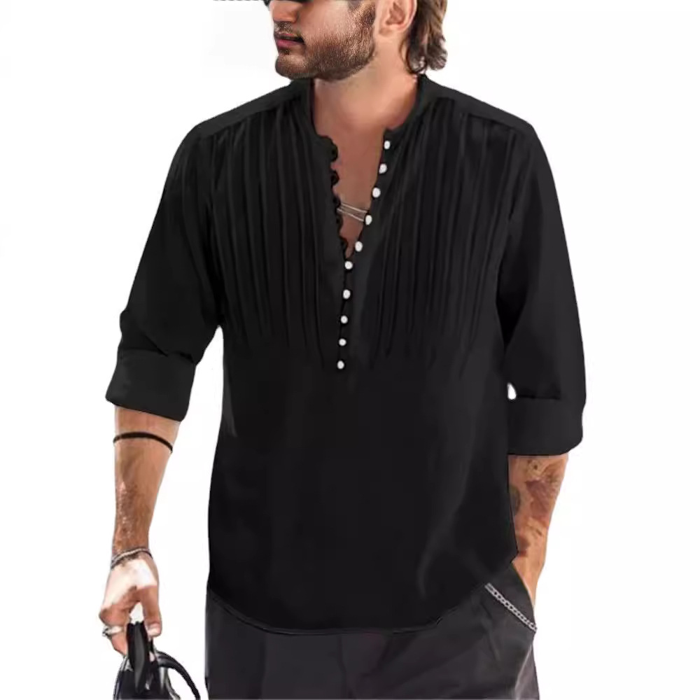 Cotton and Linen Pleated Slim Fit Long Sleeve Shirt 32
