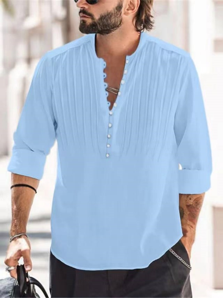 Cotton and Linen Pleated Slim Fit Long Sleeve Shirt 32 02