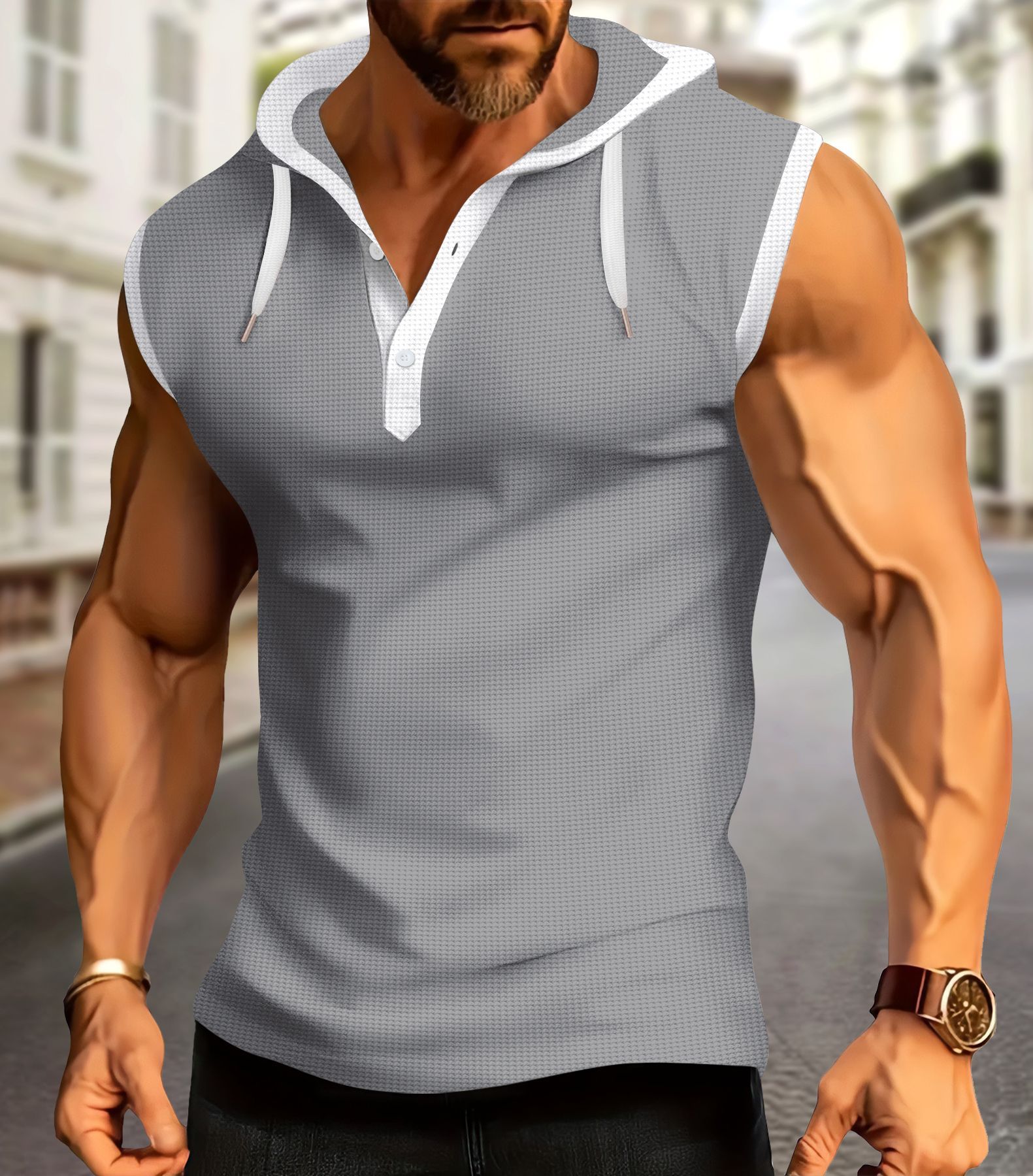 Men's Check Short Sleeve Hooded Zip-Up Cardigan Tee 53