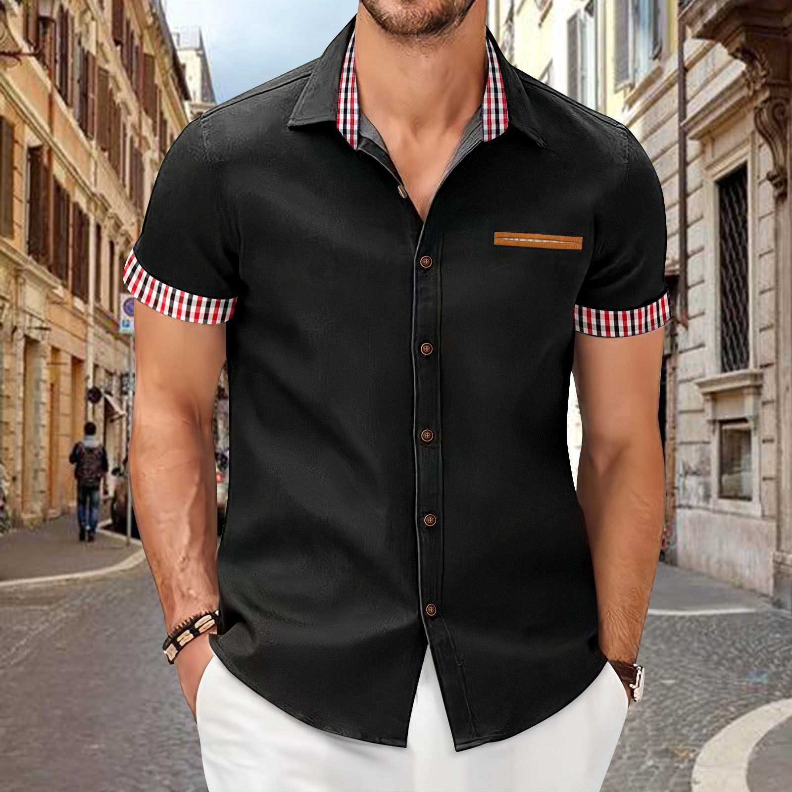 Men's Plaid Colorblock Short Sleeve Business Slim Shirt 45 02