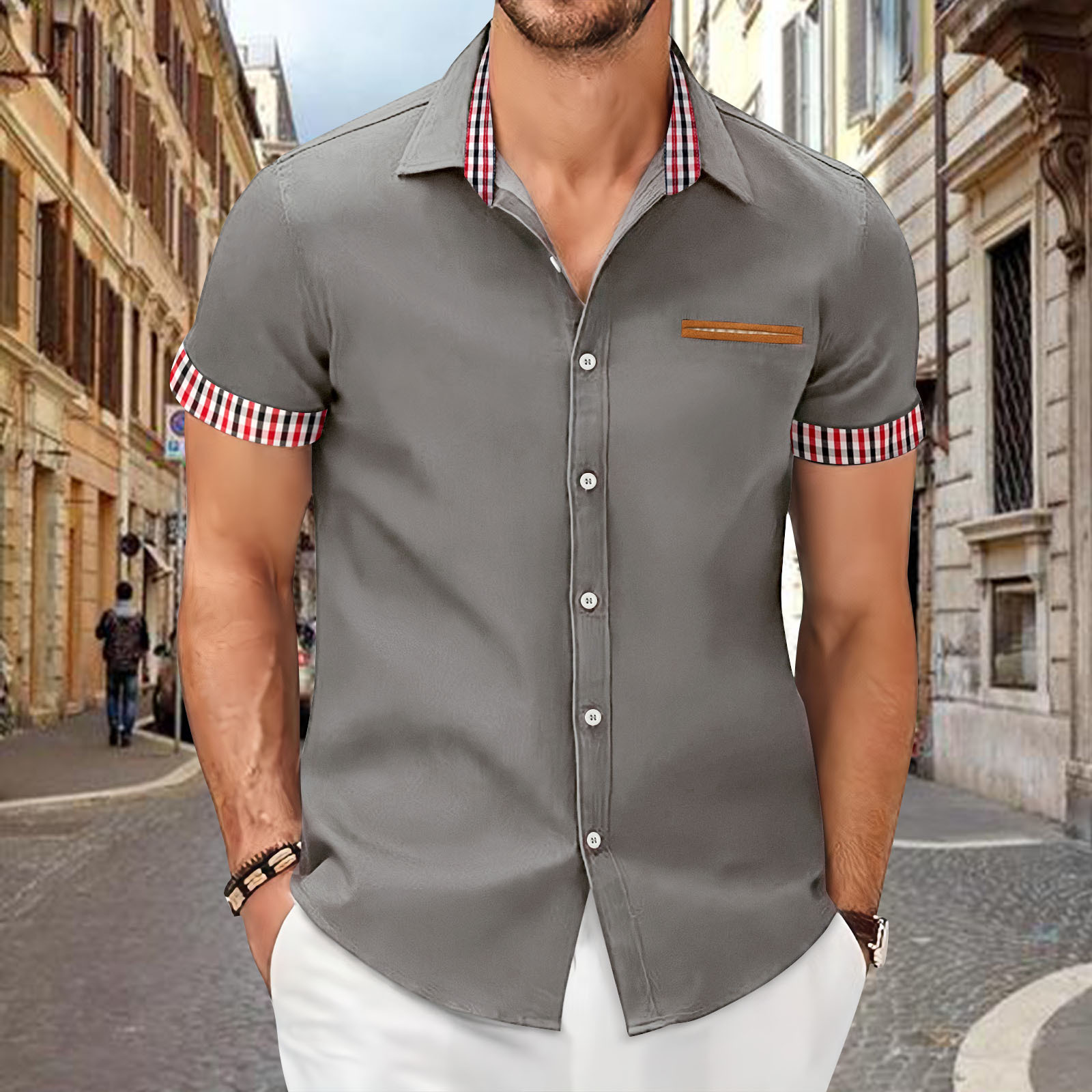Men's Plaid Colorblock Short Sleeve Business Slim Shirt 45 01