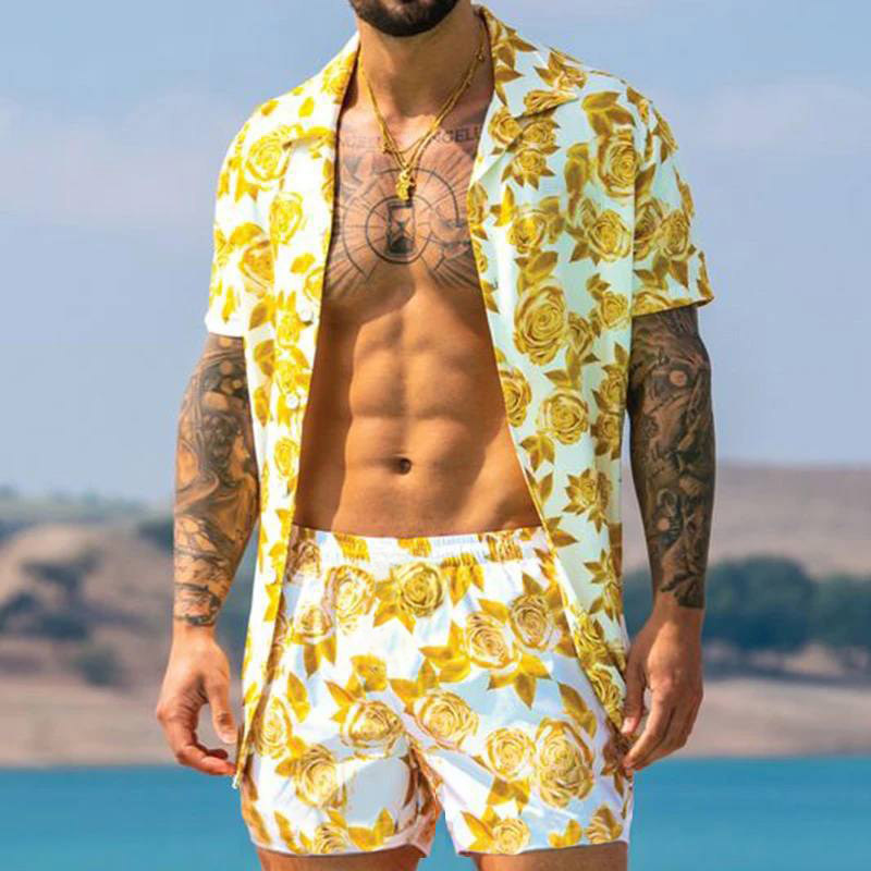 Men's shirt casual loose short-sleeved shorts beach suit 4