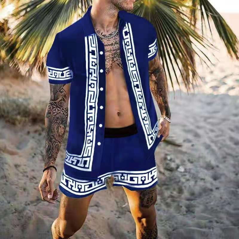 Men's shirt casual loose short-sleeved shorts beach suit 4