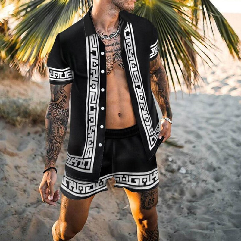 Men's shirt casual loose short-sleeved shorts beach suit 4 01