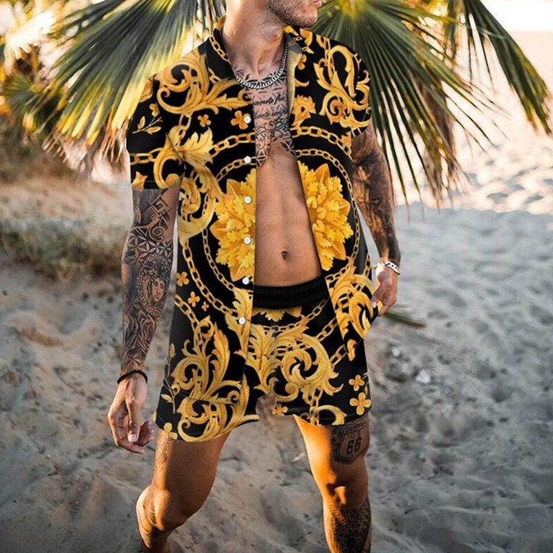 Men's shirt casual loose short-sleeved shorts beach suit 4