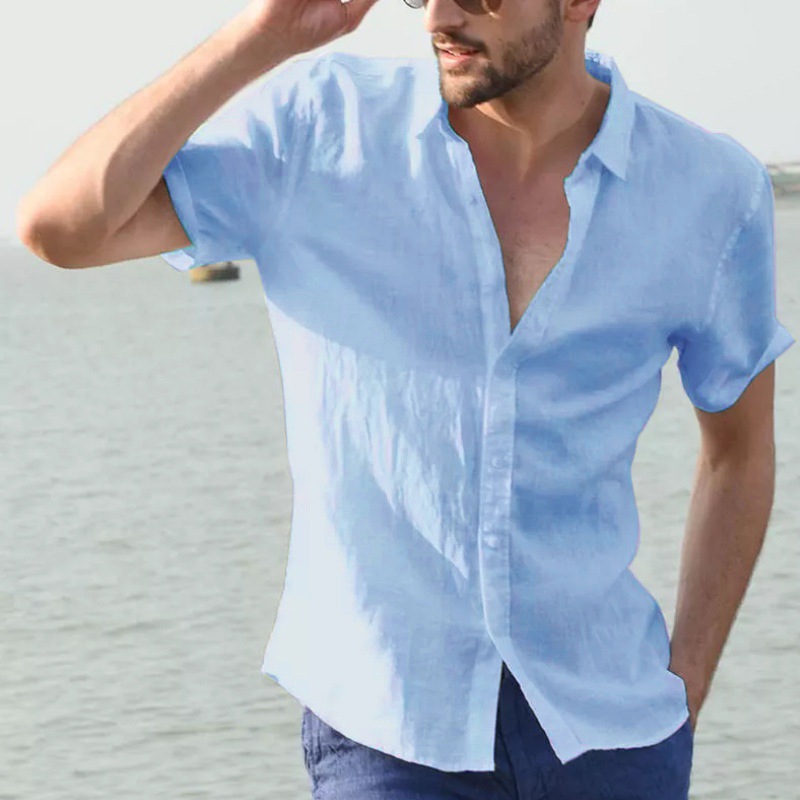 Men's short-sleeved casual cardigan solid color shirt 43