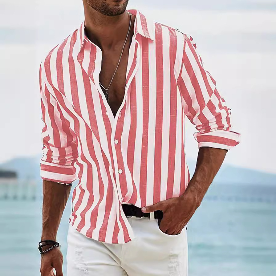 Men's Striped Cotton and Linen Casual Shirt 40