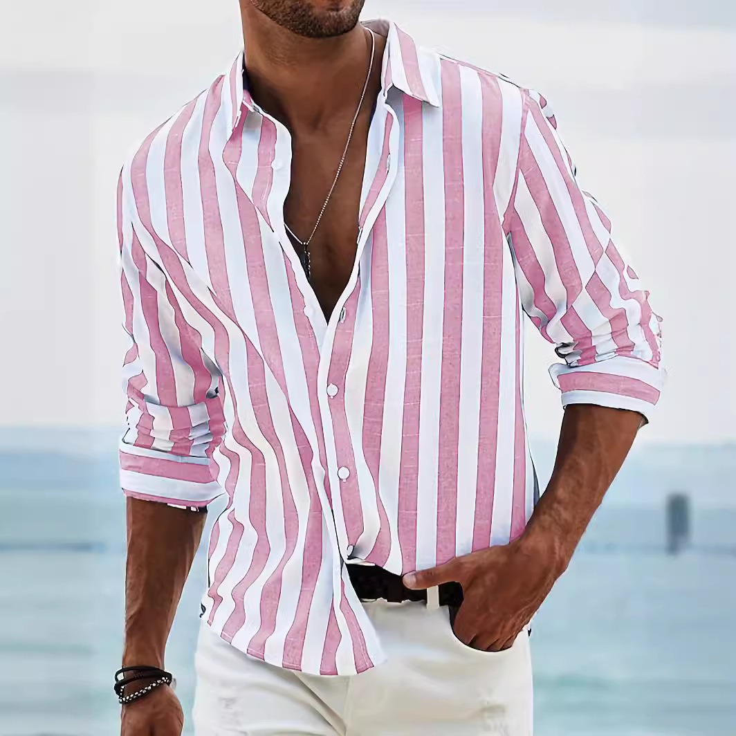 Men's Striped Cotton and Linen Casual Shirt 40 02