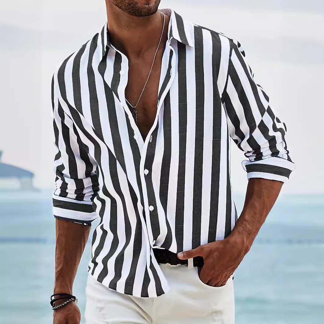 Men's Striped Cotton and Linen Casual Shirt 40 01