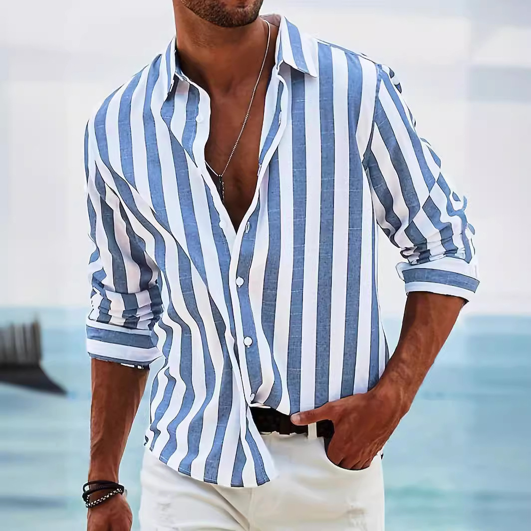 Men's Striped Cotton and Linen Casual Shirt 40