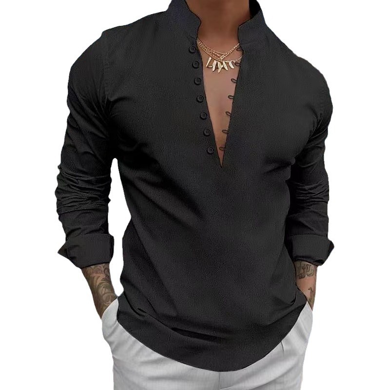 Men's Vintage Cotton and Linen Stand Collar Shirt 34 02