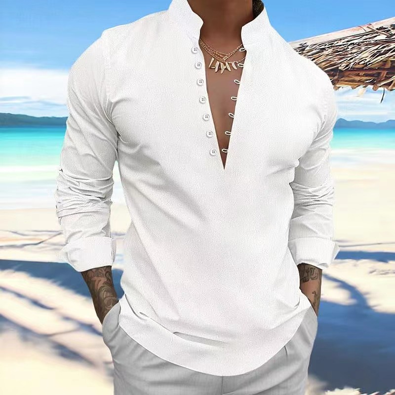 Men's Vintage Cotton and Linen Stand Collar Shirt 34