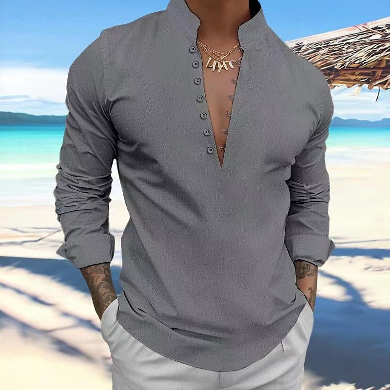 Men's Vintage Cotton and Linen Stand Collar Shirt 34 01