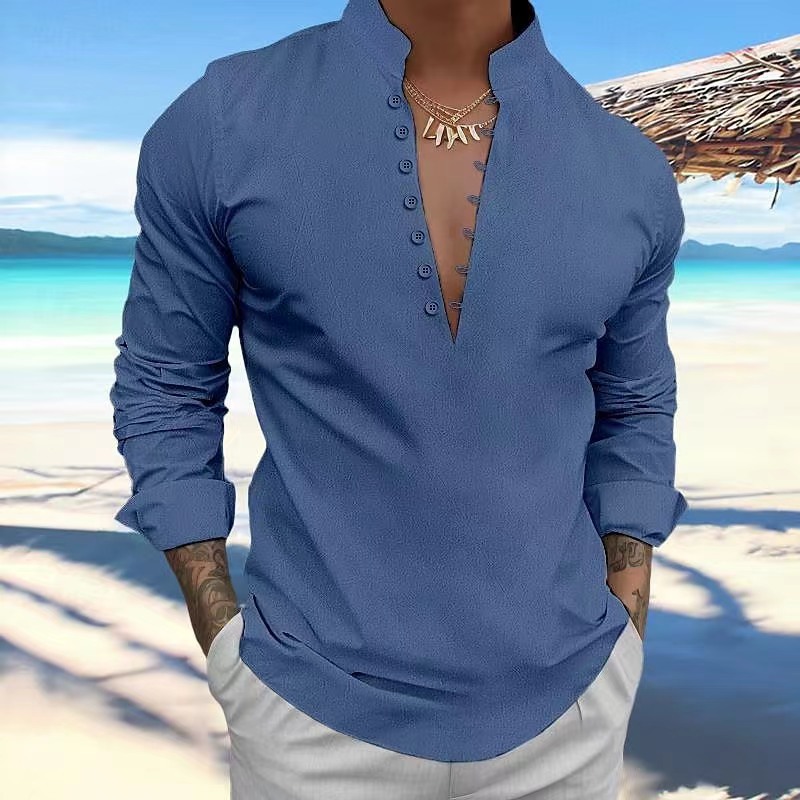 Men's Vintage Cotton and Linen Stand Collar Shirt 34