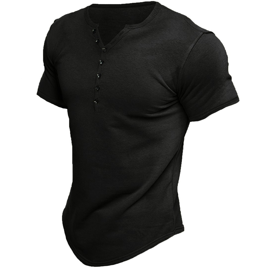 New Summer Men's Henley Shirt Short Sleeve Solid Color 49 01
