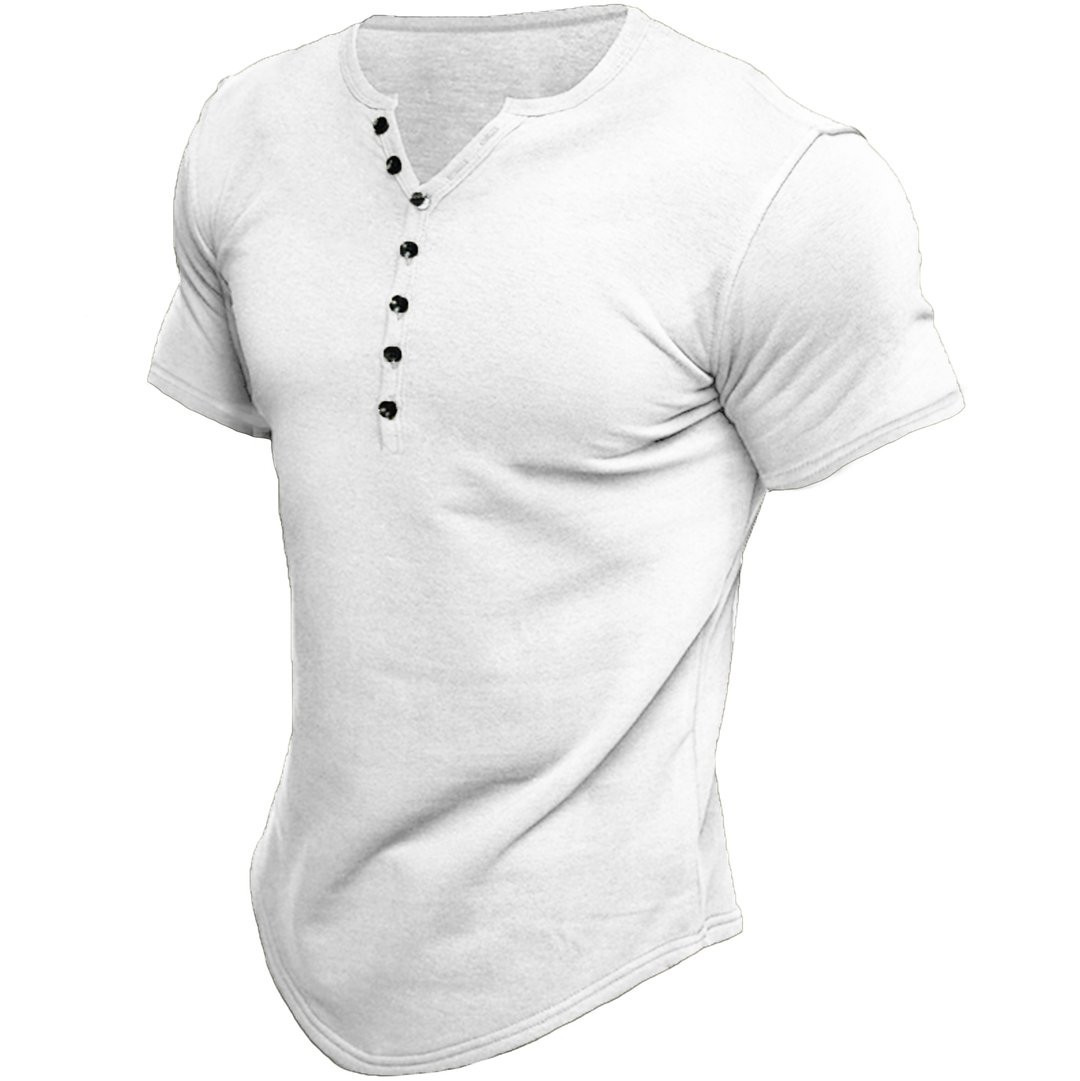 New Summer Men's Henley Shirt Short Sleeve Solid Color 49