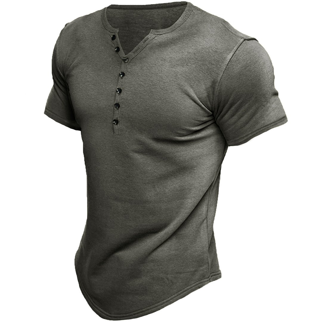 New Summer Men's Henley Shirt Short Sleeve Solid Color 49 02