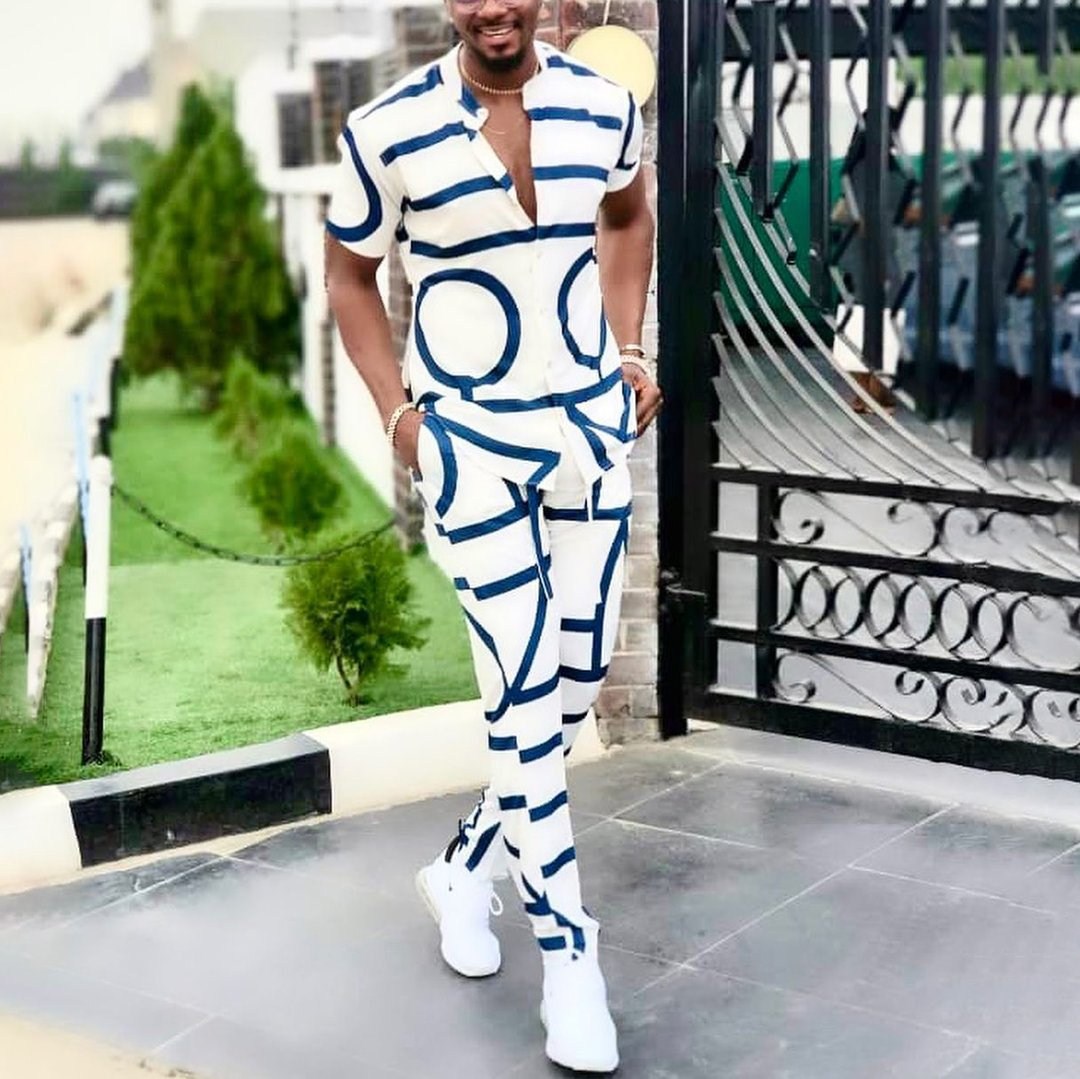 Printed shirt casual suit men's trousers summer two-piece suit 7