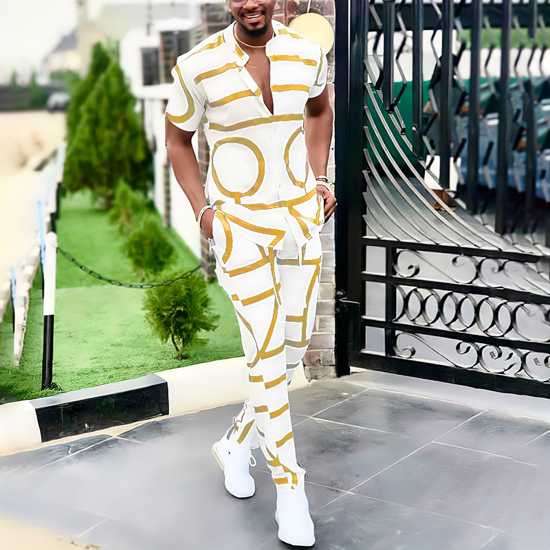 Printed shirt casual suit men's trousers summer two-piece suit 7