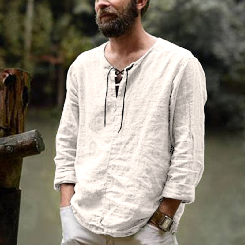 Solid color trendy men's cotton and linen tops 60 02