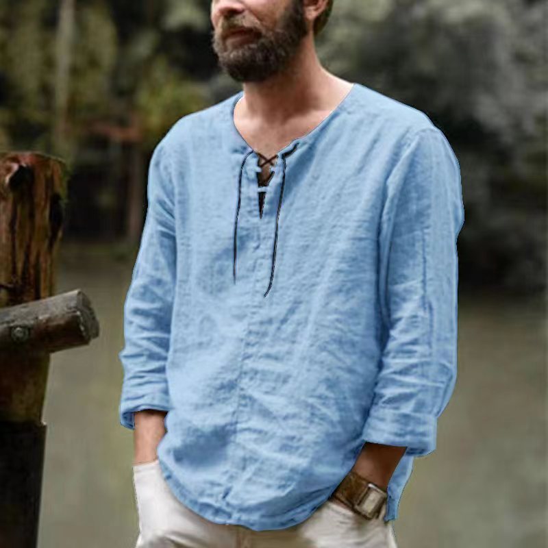 Solid color trendy men's cotton and linen tops 60 01
