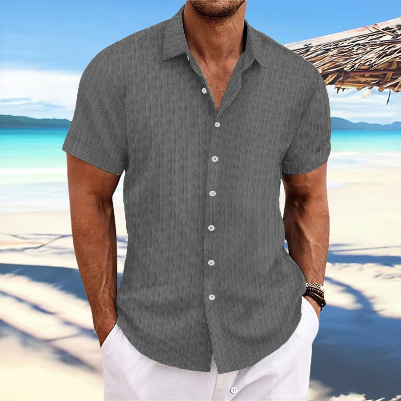 Striped jacquard casual loose short-sleeved shirt 46