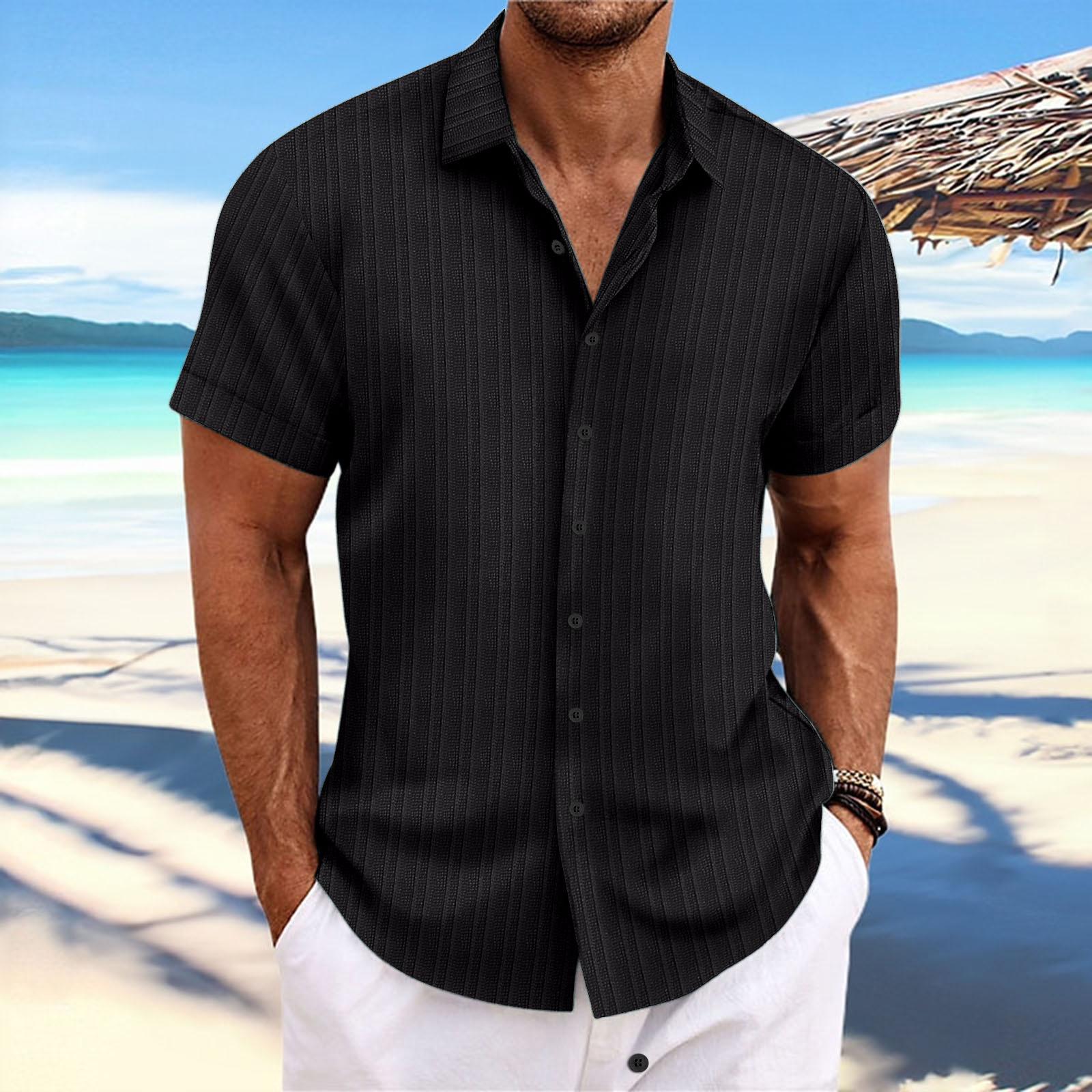 Striped jacquard casual loose short-sleeved shirt 46