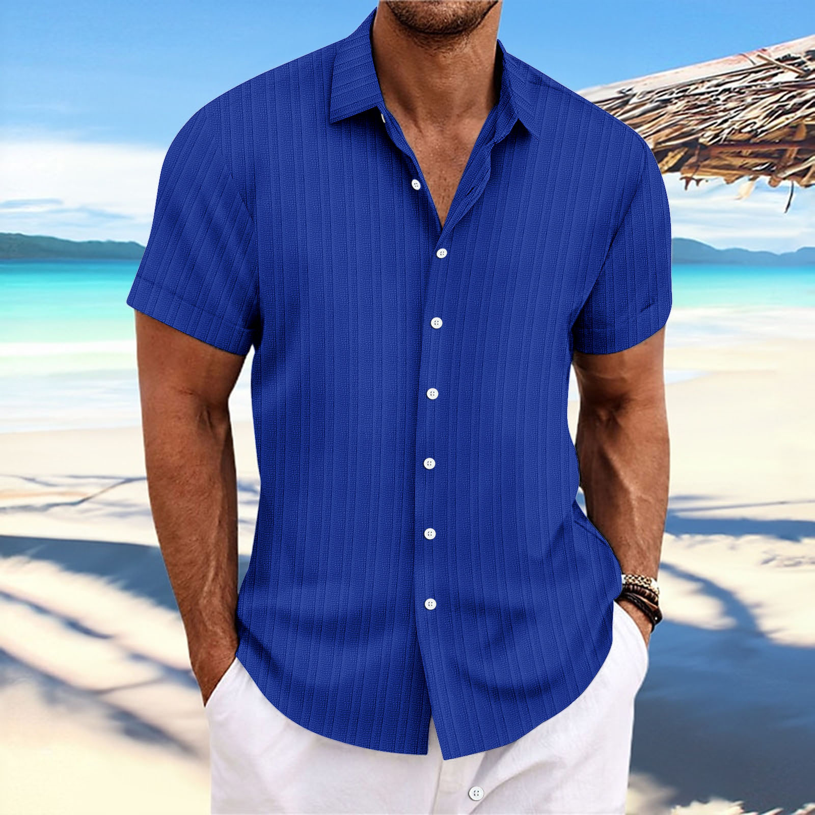 Striped jacquard casual loose short-sleeved shirt 46
