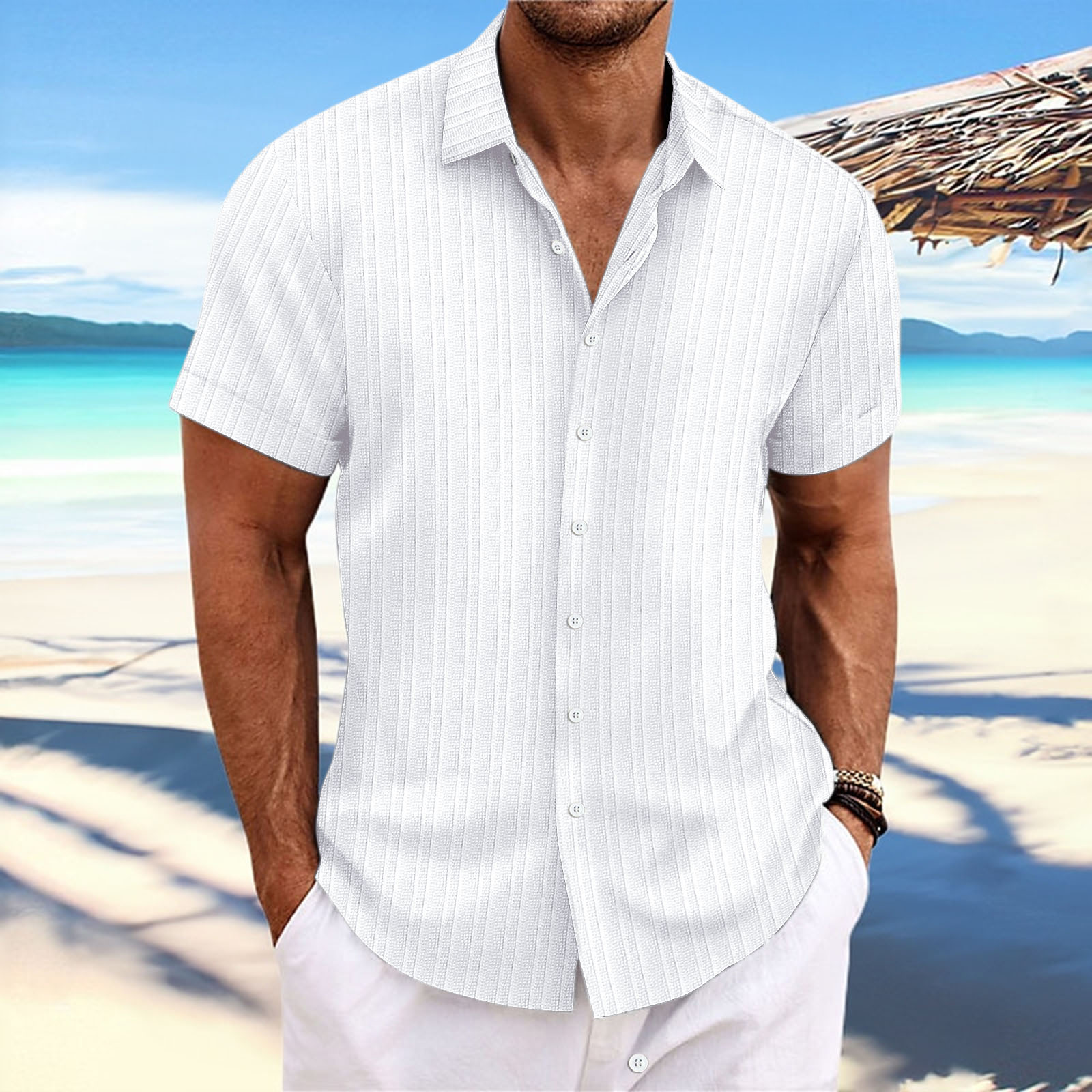 Striped jacquard casual loose short-sleeved shirt 46