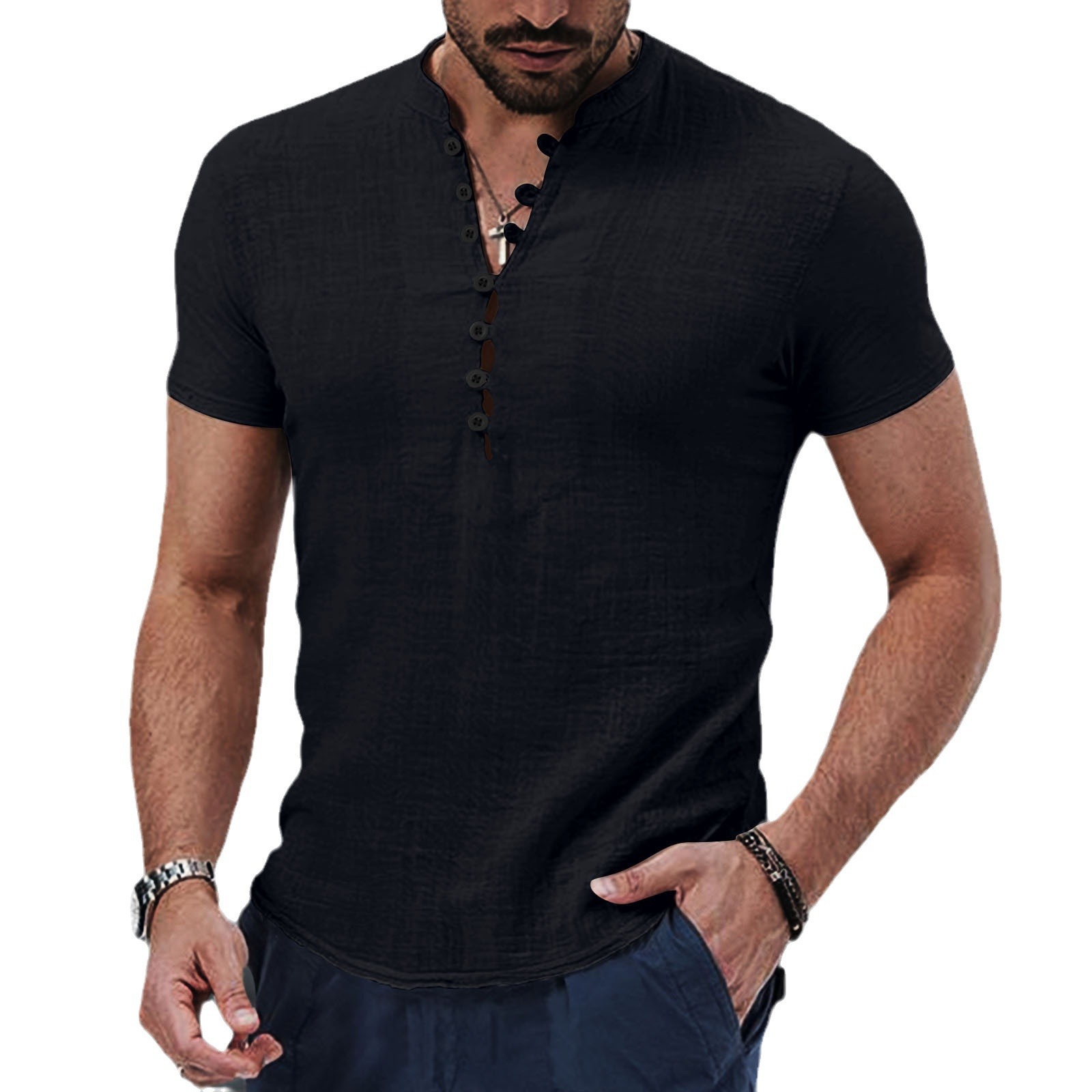 Vintage Cotton and Linen Henley Collar Short Sleeve Shirt 44 01