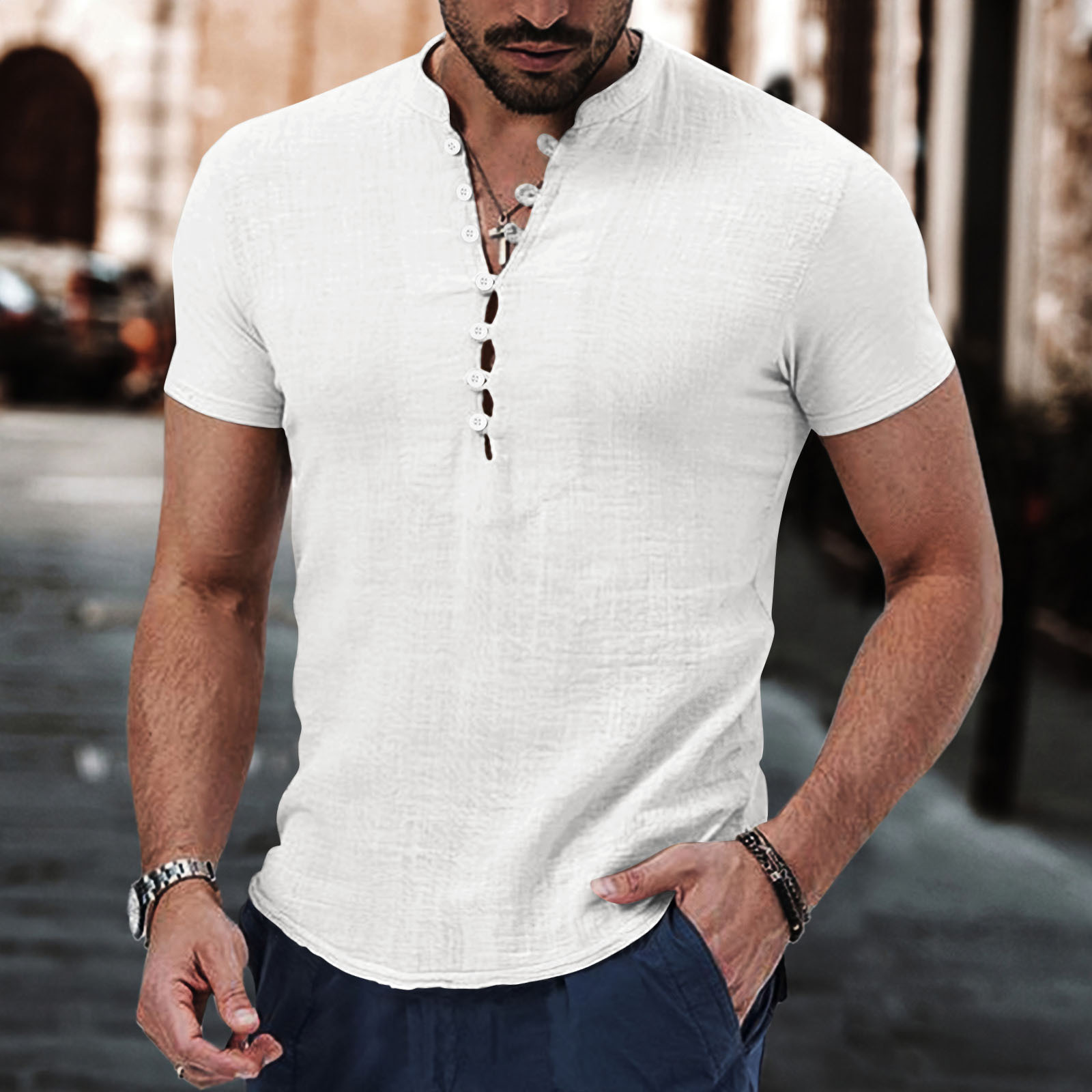 Vintage Cotton and Linen Henley Collar Short Sleeve Shirt 44