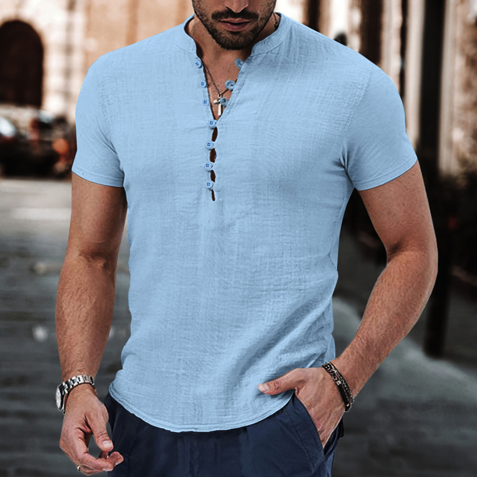 Vintage Cotton and Linen Henley Collar Short Sleeve Shirt 44